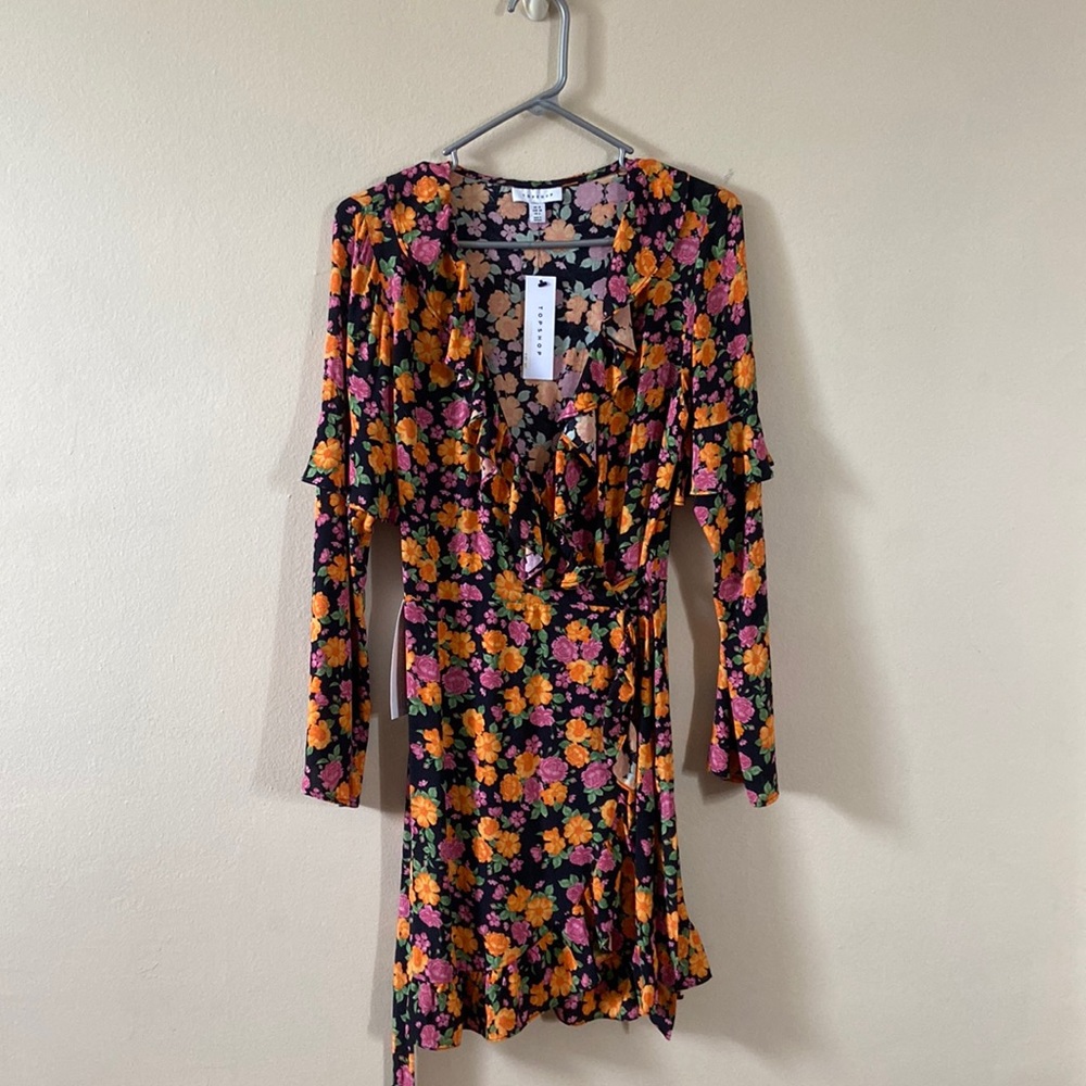 New Black & Orange Floral Ruffled TopShop Wrap Dress Long Sleeve 6 Spring Fall - Picture 2 of 10
